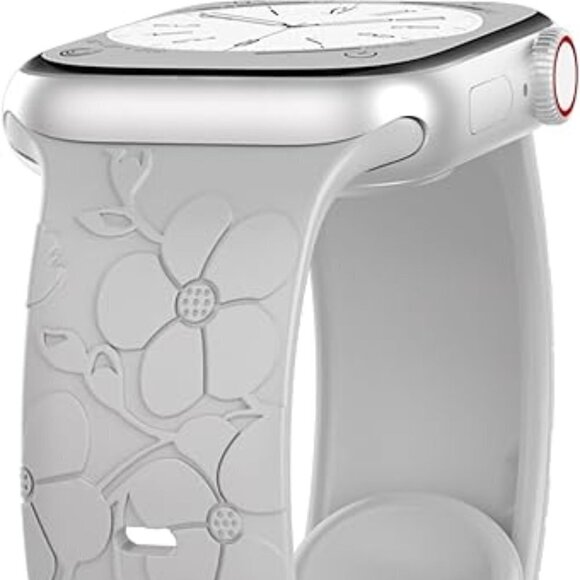 Floral White Engraved Silicone Band for Apple Watch Band 38mm 40mm 41mm -  NEW - Picture 1 of 7